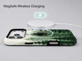 Misty Evergreen Forest MagSafe Loop iPhone Case shown with a MagSafe-compatible wireless charger attached