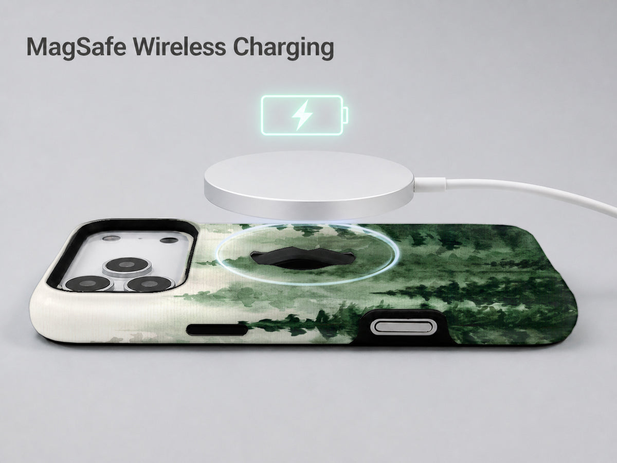 Misty Evergreen Forest MagSafe Loop iPhone Case shown with a MagSafe-compatible wireless charger attached