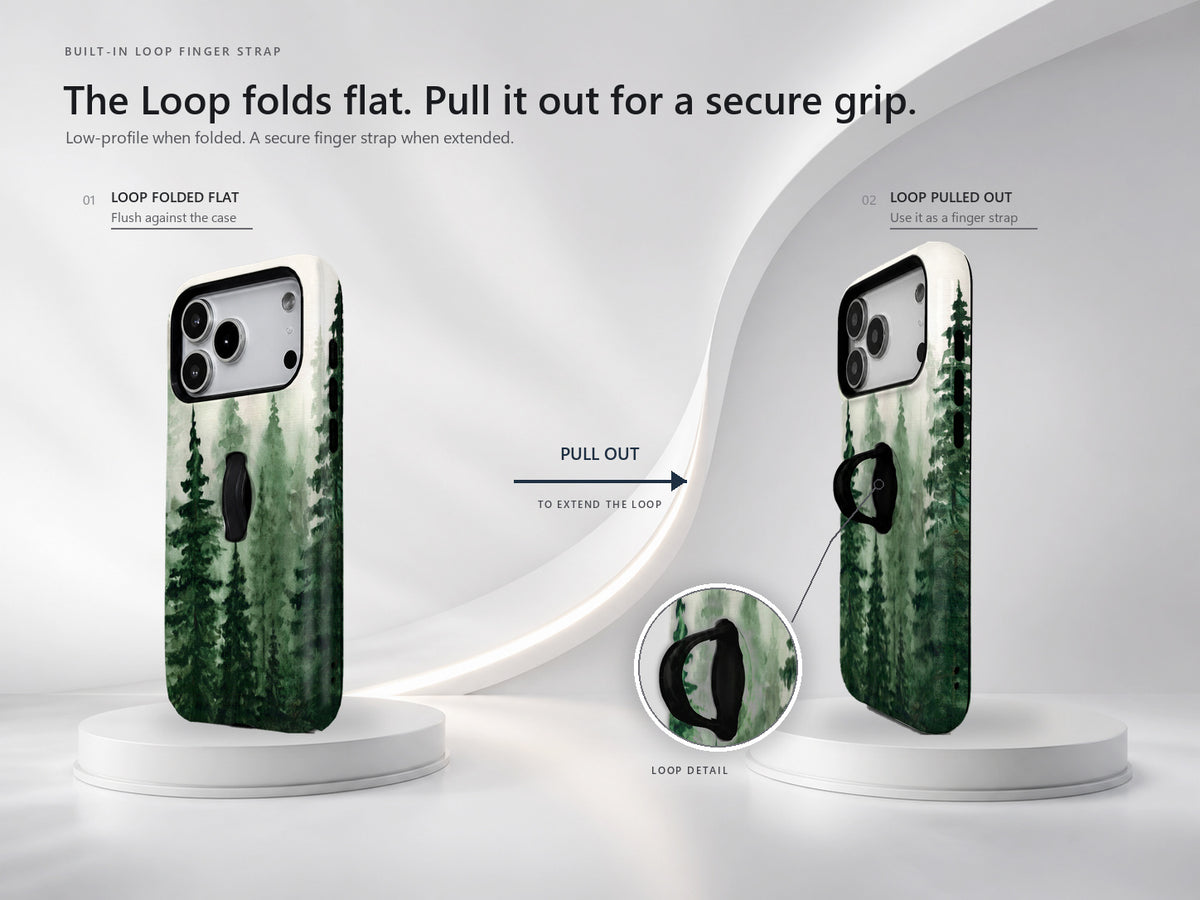 Misty Evergreen Forest MagSafe Loop iPhone Case side view showing the built-in finger loop