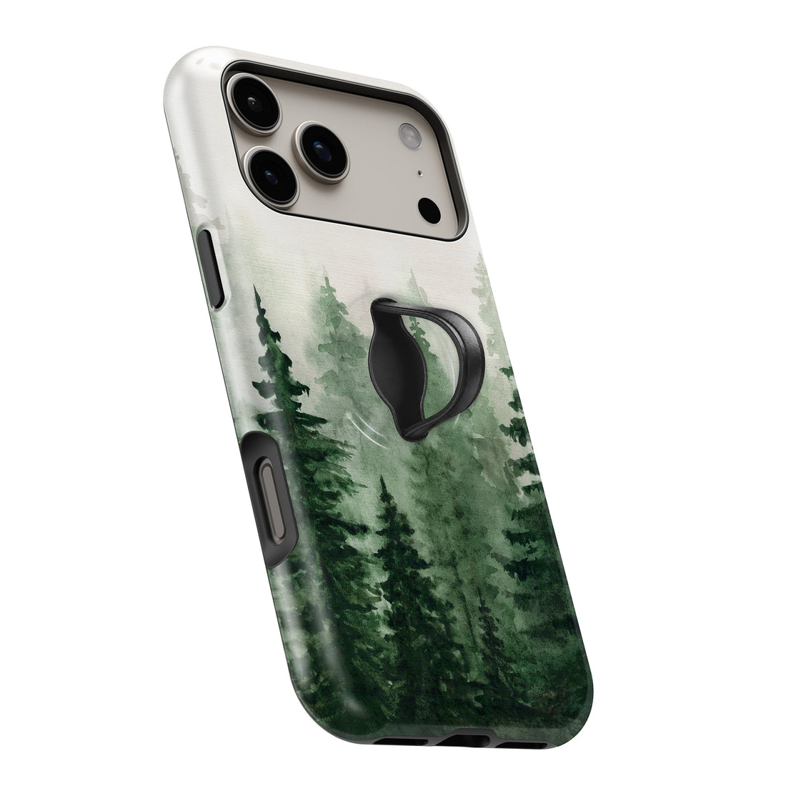 Misty Evergreen Forest MagSafe Loop iPhone case with built-in finger loop open