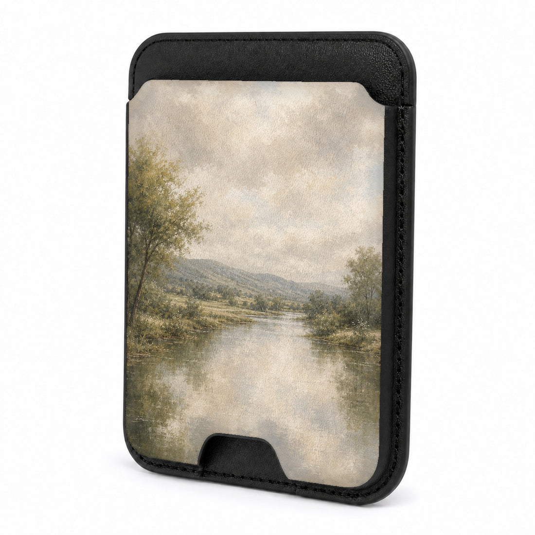 Front view of the Misty Neutral Landscape MagSafe card holder on a white background