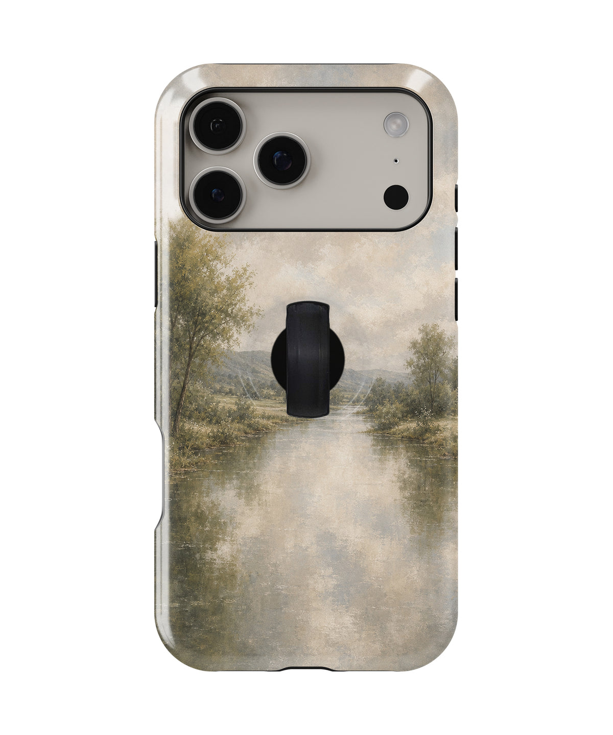 Misty Neutral Landscape MagSafe Loop iPhone Case with built-in finger loop closed