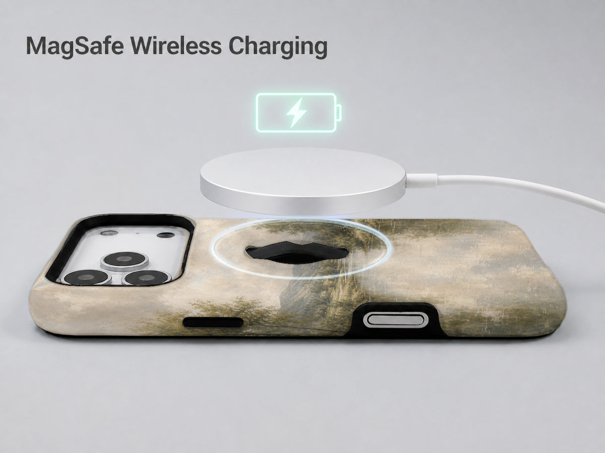 Misty Neutral Landscape MagSafe Loop iPhone Case shown with a MagSafe-compatible wireless charger attached