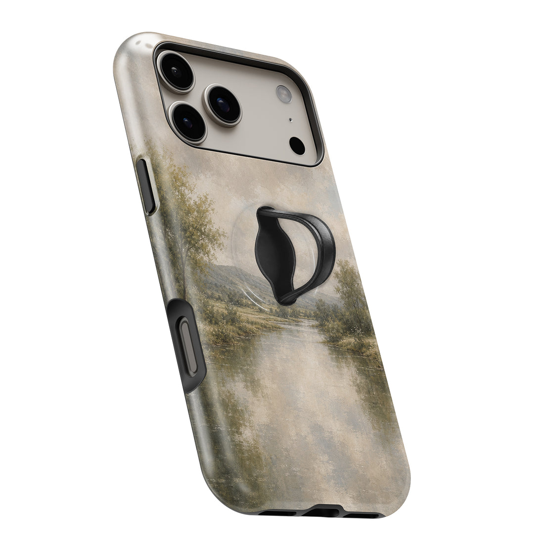 Misty Neutral Landscape MagSafe Loop iPhone case with built-in finger loop open
