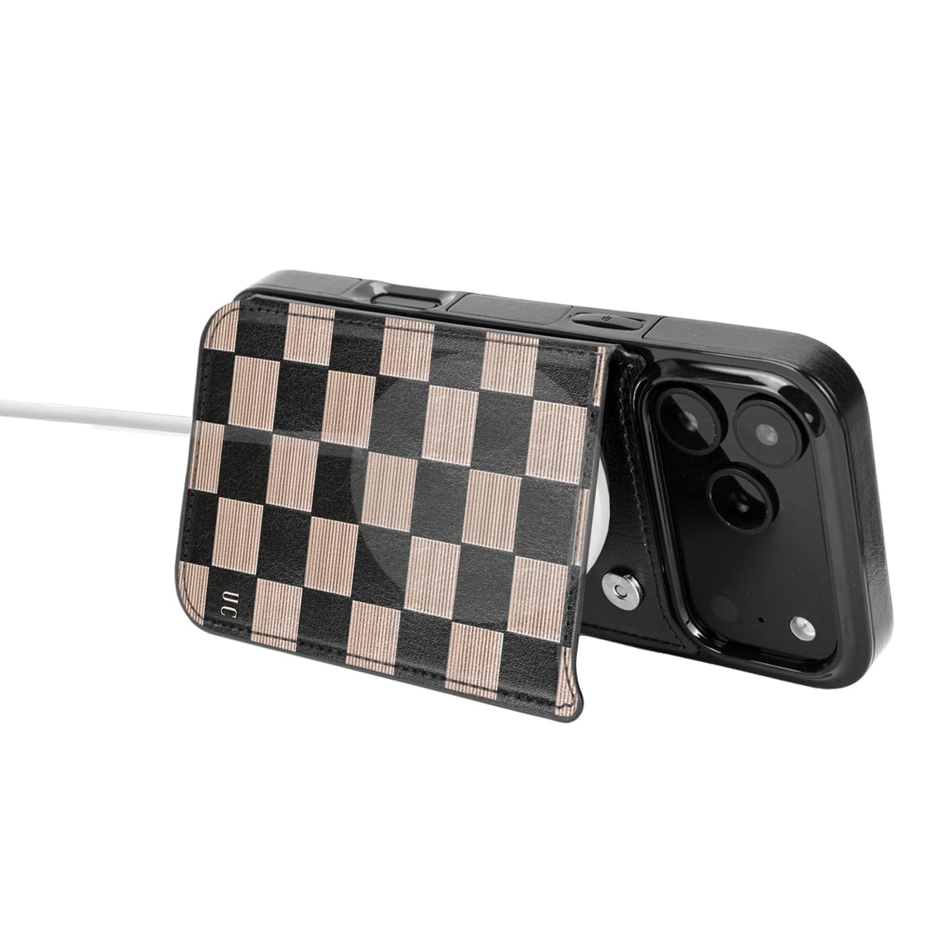 Mocha Noir checkerboard MagSafe flip wallet case used as a kickstand while charging
