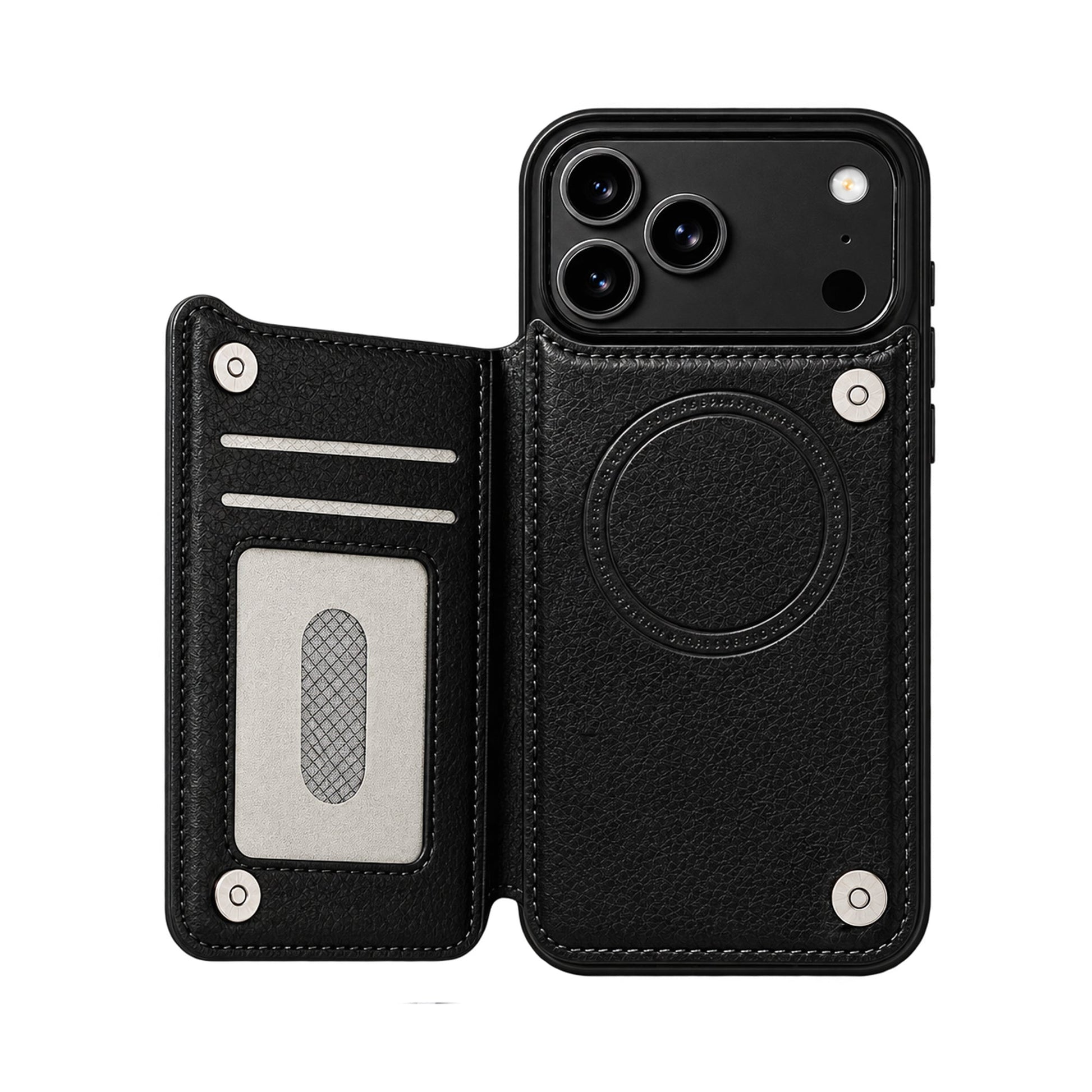 Mocha Noir MagSafe flip wallet case open interior with card slots and magnetic ring