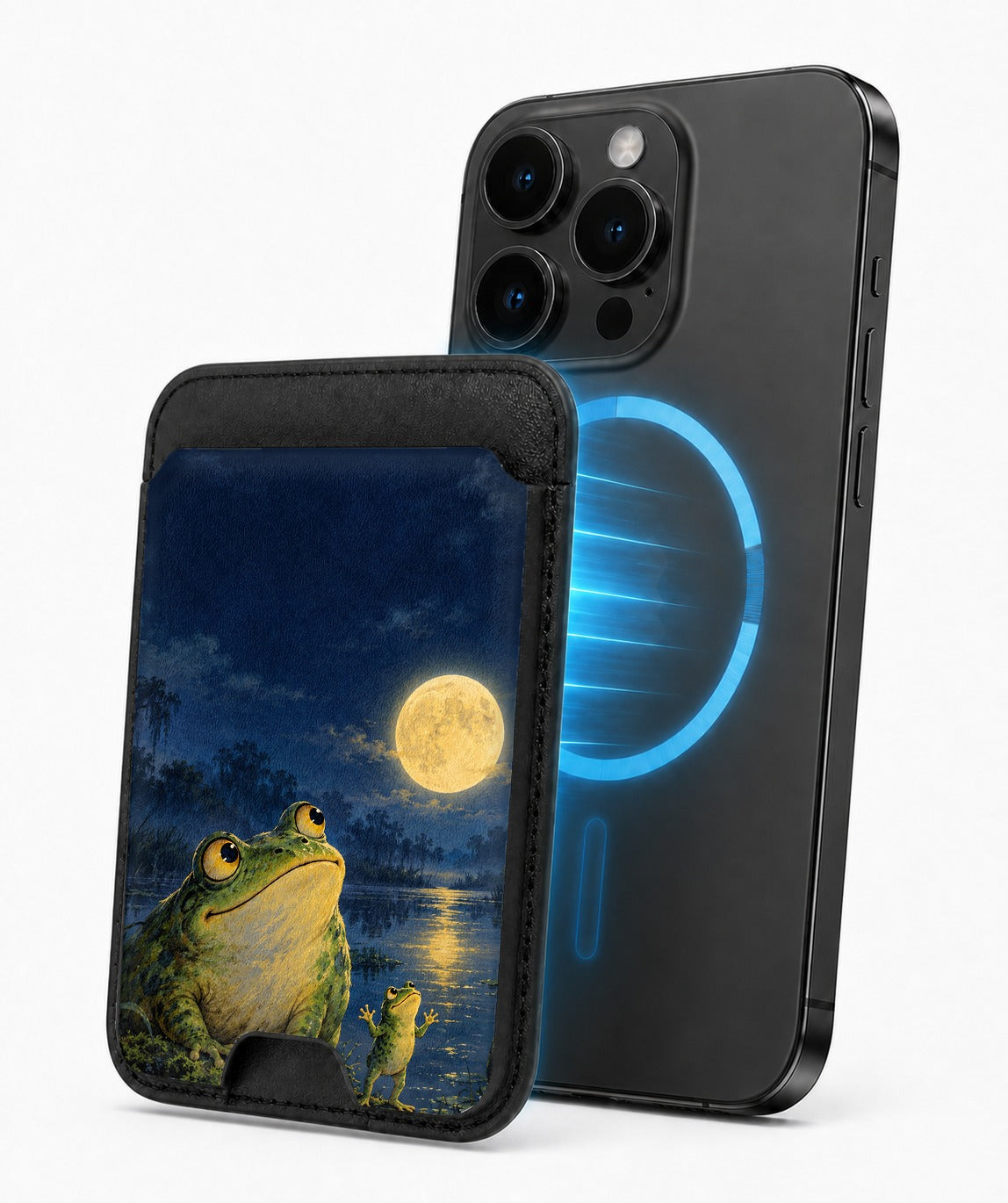 Moonlit Frog by the Lake MagSafe Card Holder, magnetic attachment to a compatible iPhone
