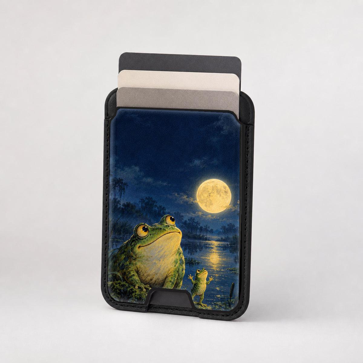 Moonlit Frog by the Lake MagSafe Card Holder, card storage shown with cards