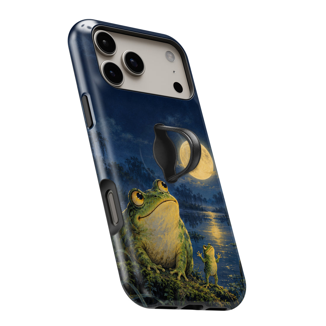 Moonlit Frog by the Lake MagSafe Loop Case, angled view with finger loop extended