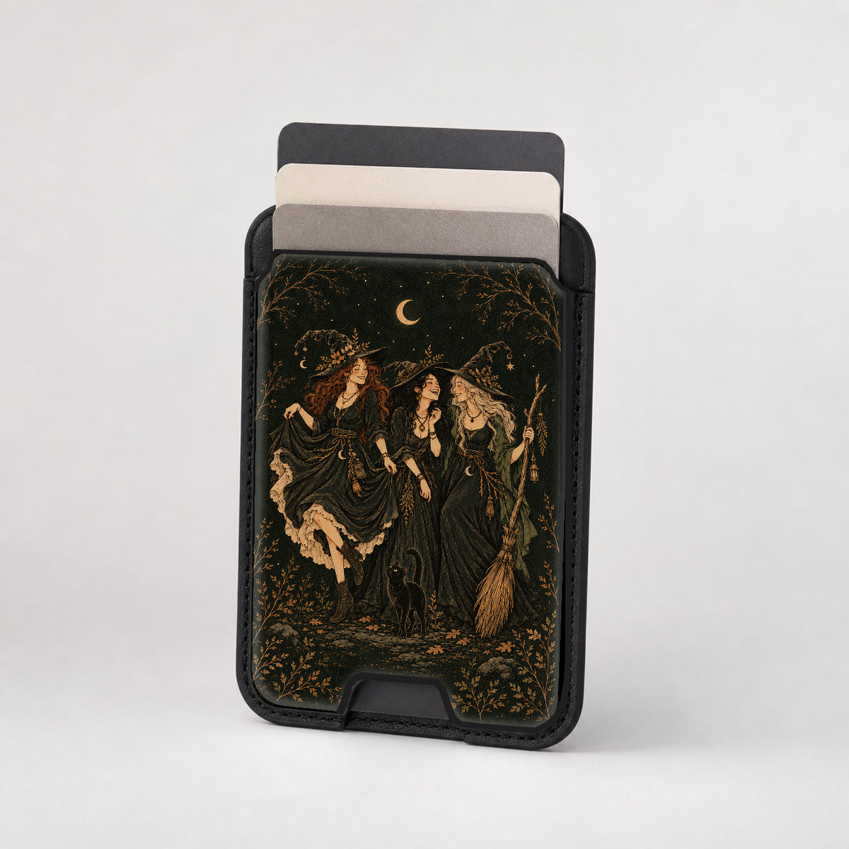 Moonlit Witch Friends MagSafe Card Holder, card storage shown with cards