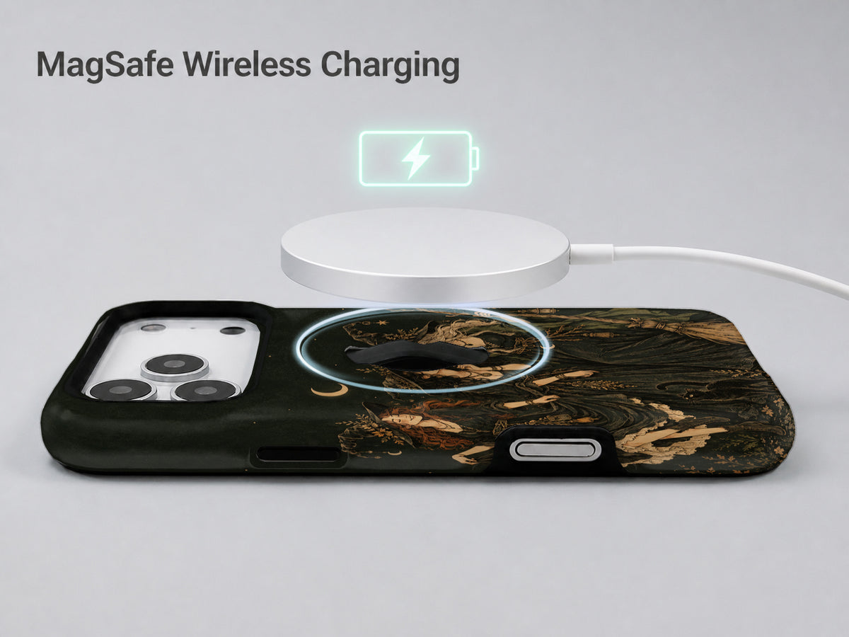 Moonlit Witch Friends MagSafe Loop Case, shown with a MagSafe wireless charger