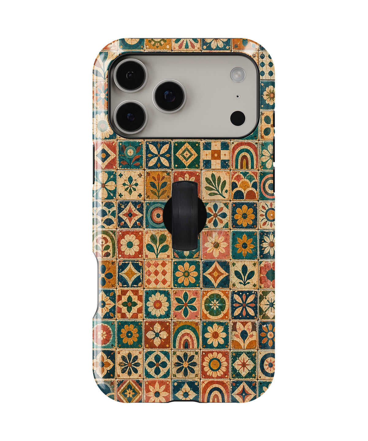 Moroccan Mosaic Tile MagSafe Loop iPhone Case with built-in finger loop closed