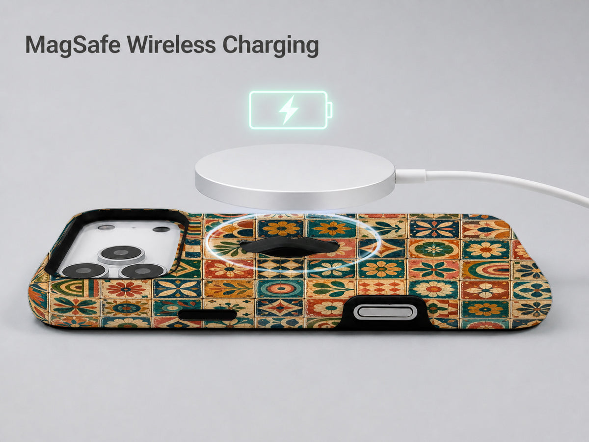 Moroccan Mosaic Tile MagSafe Loop iPhone Case shown with a MagSafe-compatible wireless charger attached