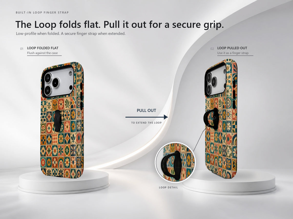Moroccan Mosaic Tile MagSafe Loop iPhone Case side view showing the built-in finger loop