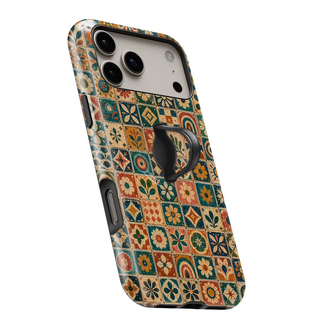 Moroccan Mosaic Tile MagSafe Loop iPhone case with built-in finger loop open