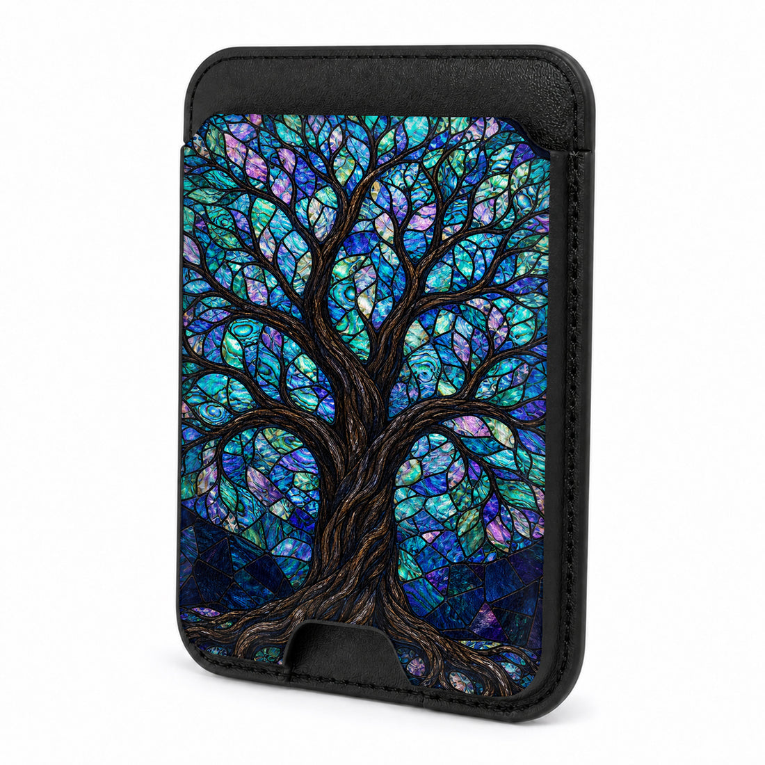 Front view of the Mystical Tree of Life MagSafe card holder on a white background