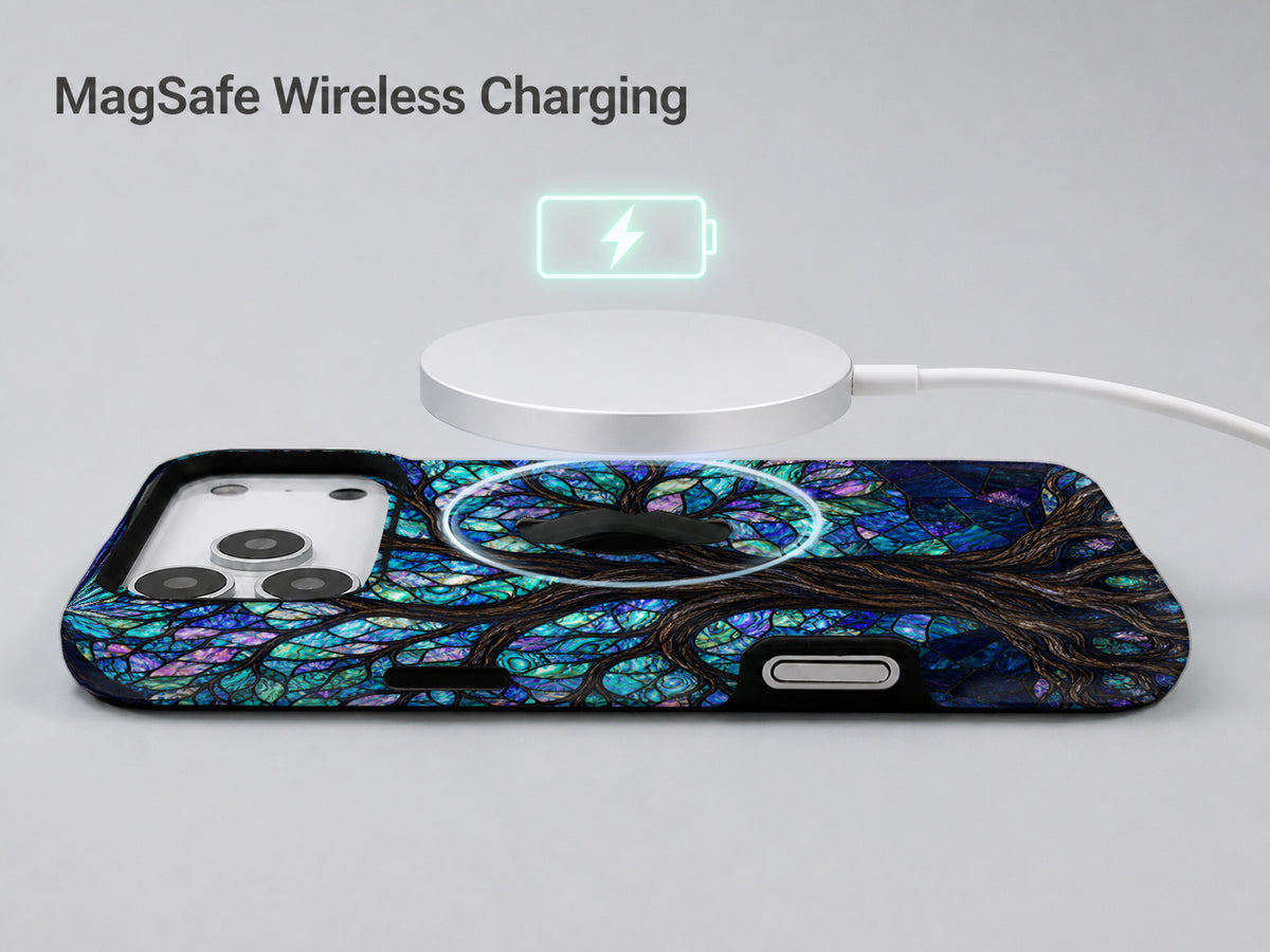 Mystical Tree of Life MagSafe Loop iPhone Case shown with a MagSafe-compatible wireless charger attached