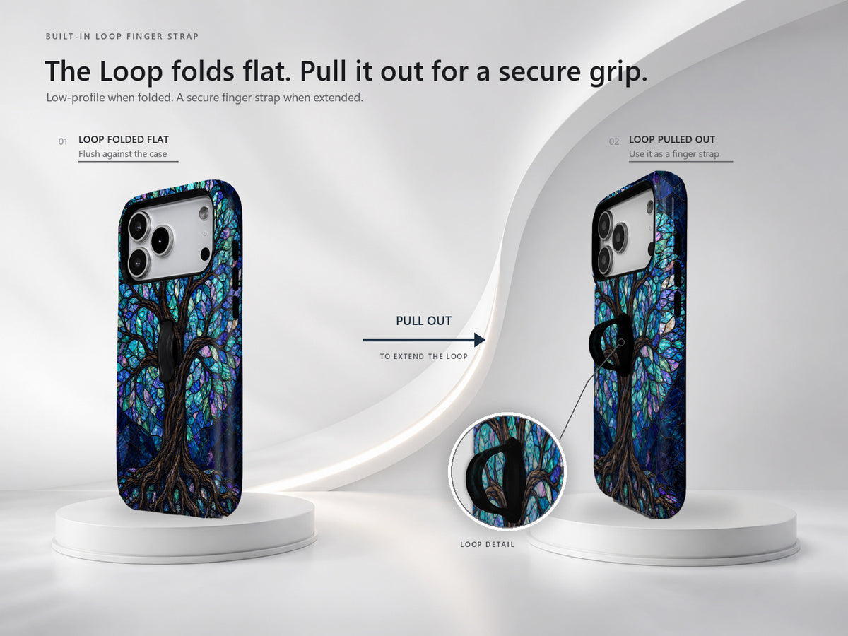 Mystical Tree of Life MagSafe Loop iPhone Case side view showing the built-in finger loop