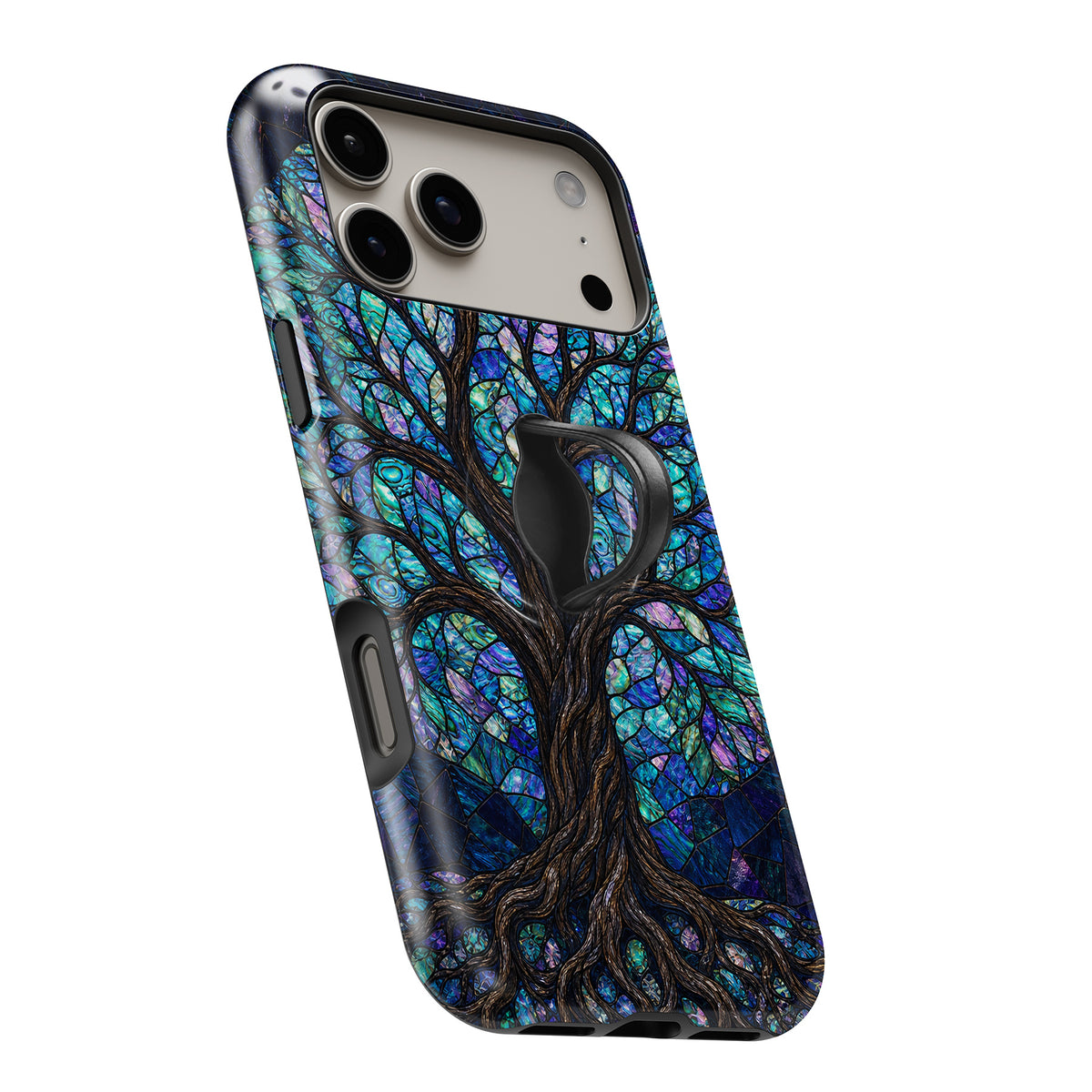 Mystical Tree of Life MagSafe Loop iPhone case with built-in finger loop open