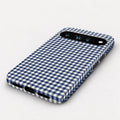 Navy Blue and White Gingham Google Pixel Case - angled bottom view