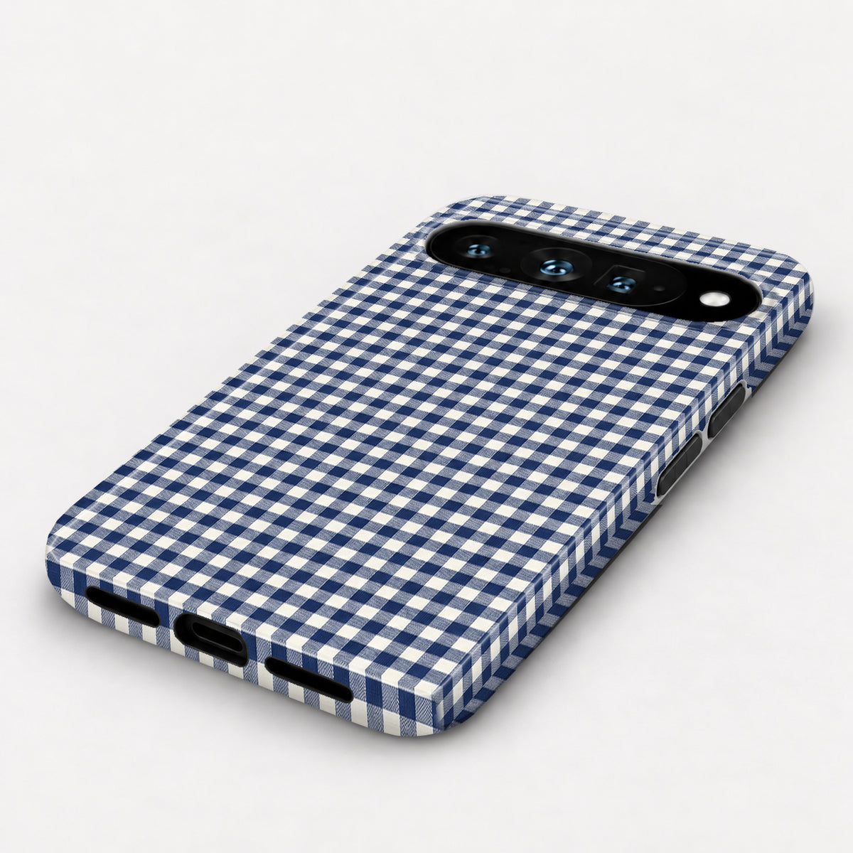 Navy Blue and White Gingham Google Pixel Case - angled bottom view