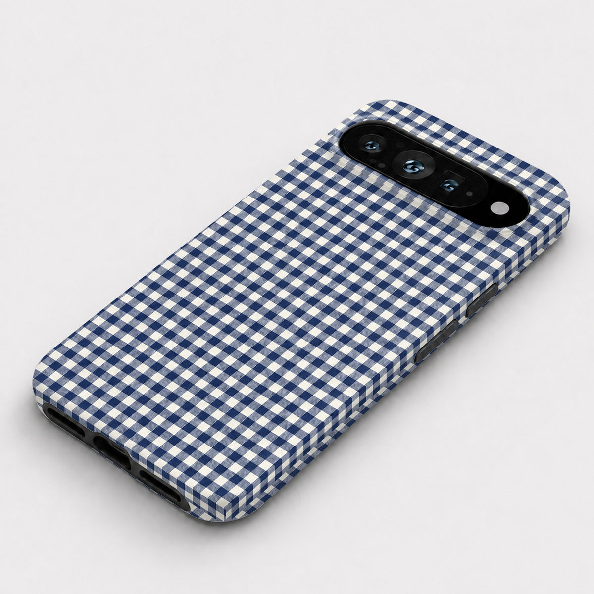 Navy Blue and White Gingham Google Pixel Case - flat angled view