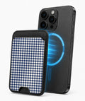 Navy Blue and White Gingham MagSafe Card Holder, magnetic attachment to a compatible iPhone