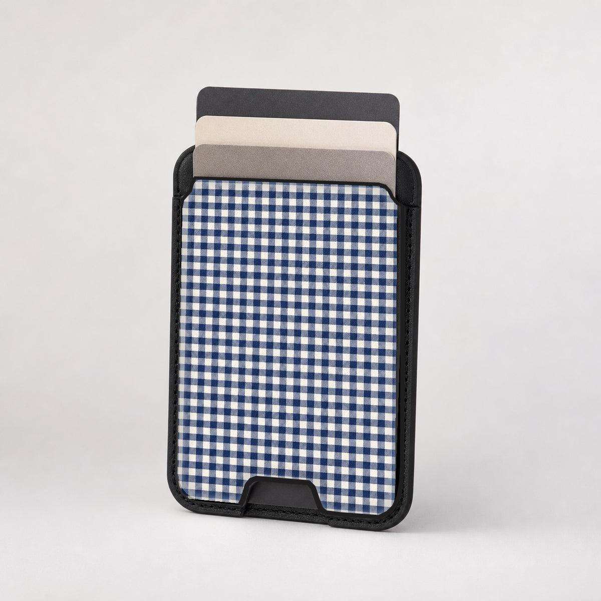Navy Blue and White Gingham MagSafe Card Holder, card storage shown with cards