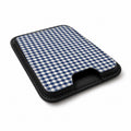 Navy Blue and White Gingham MagSafe Card Holder, angled view showing the thumb access opening