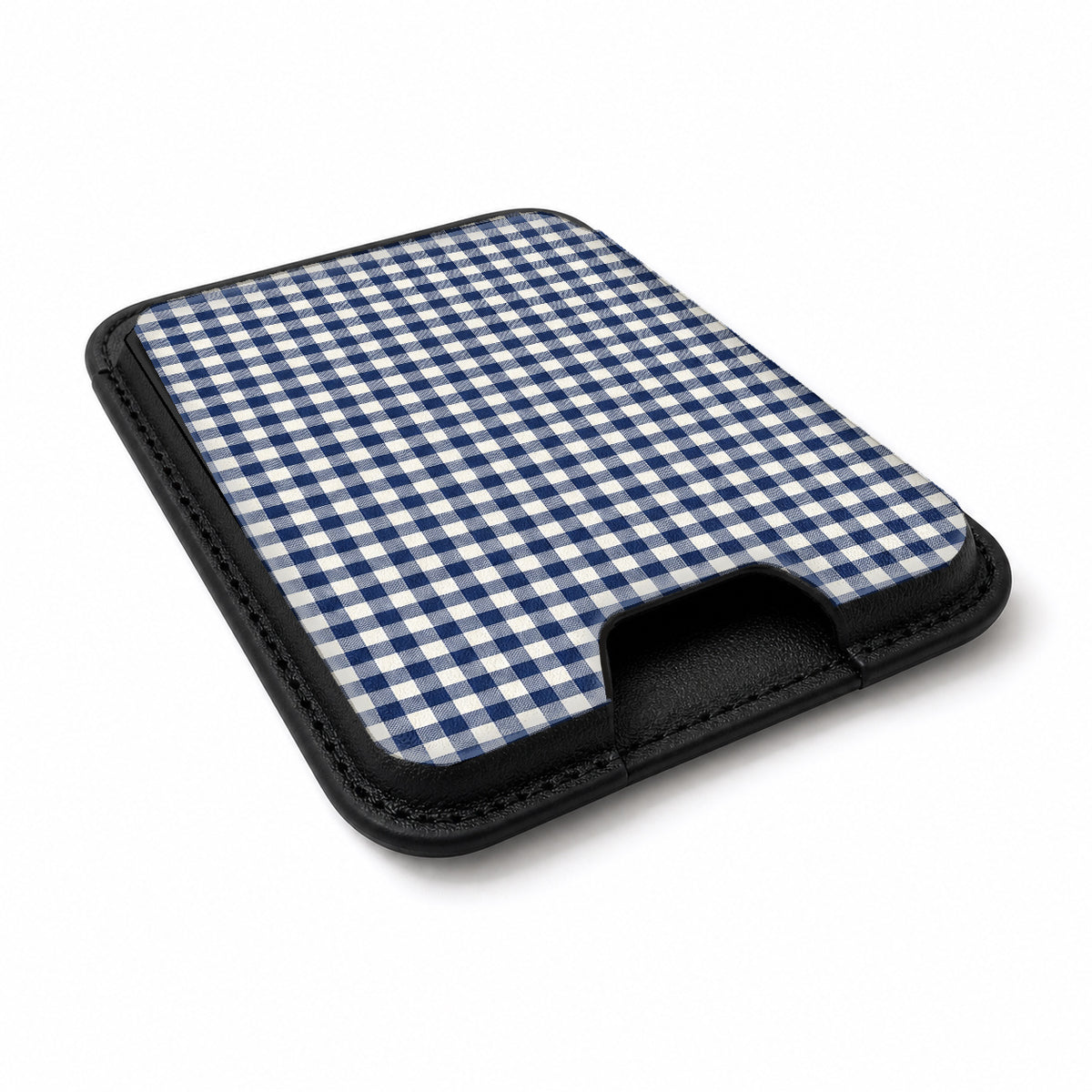 Navy Blue and White Gingham MagSafe Card Holder, angled view showing the thumb access opening