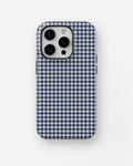 Navy Blue and White Gingham MagSafe iPhone Tough Case, rear view, iPhone11-16Pro model image group