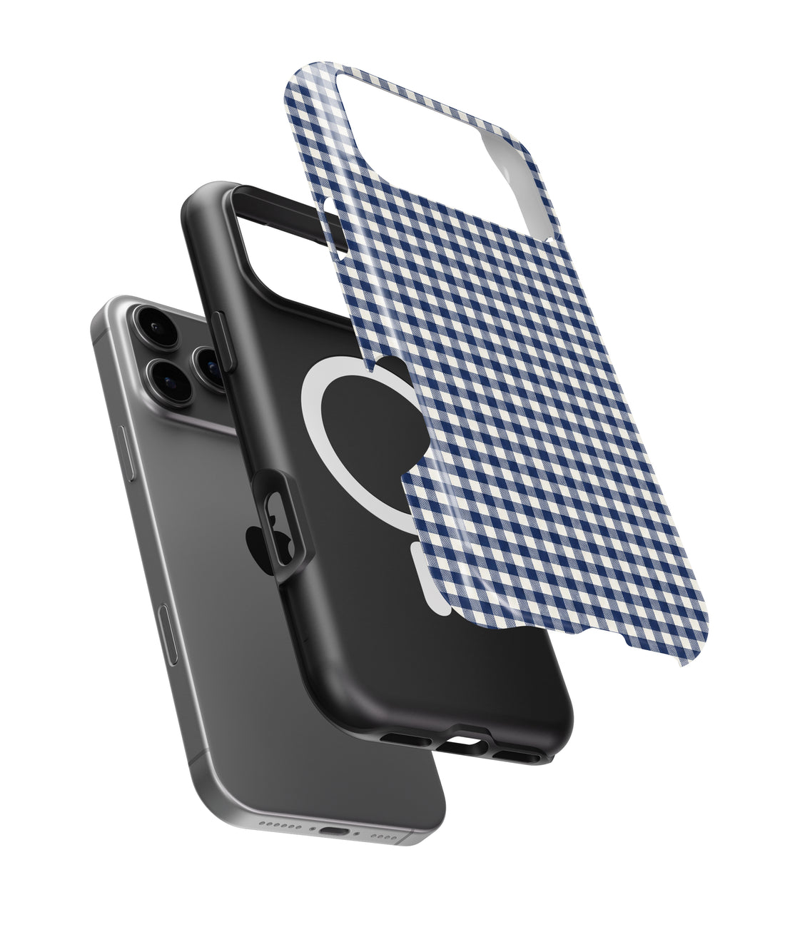Navy Blue and White Gingham MagSafe iPhone Tough Case, exploded view showing outer shell, inner layer and magnetic ring