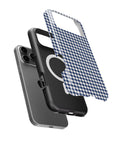 Navy Blue and White Gingham MagSafe iPhone Tough Case, exploded view showing outer shell, inner layer and magnetic ring