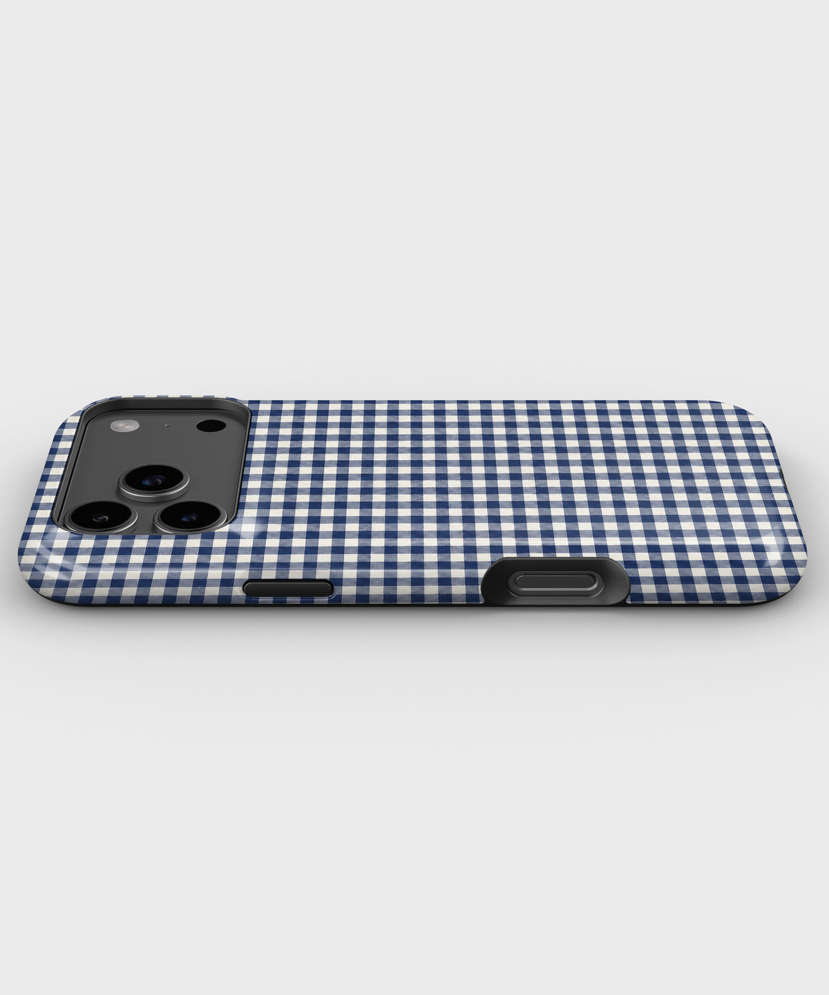Navy Blue and White Gingham MagSafe iPhone Tough Case, side view showing case edges