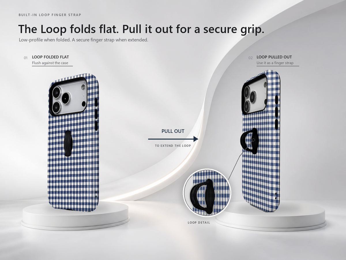Navy Blue and White Gingham MagSafe Loop Case, finger loop folded and extended positions