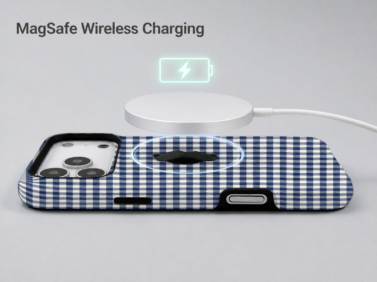 Navy Blue and White Gingham MagSafe Loop Case, shown with a MagSafe wireless charger