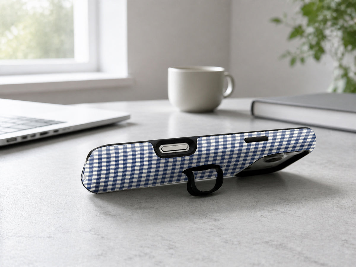 Navy Blue and White Gingham MagSafe Loop Case, shown as a hands-free kickstand