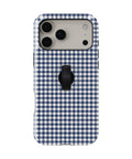Navy Blue and White Gingham MagSafe Loop Case, rear view with finger loop folded flat