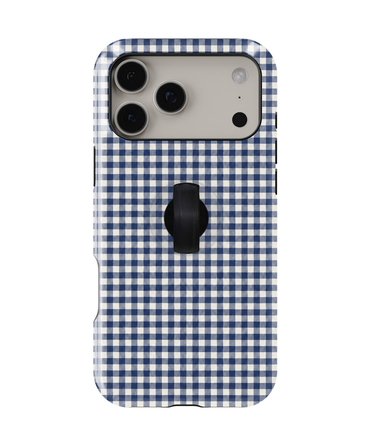 Navy Blue and White Gingham MagSafe Loop Case, rear view with finger loop folded flat