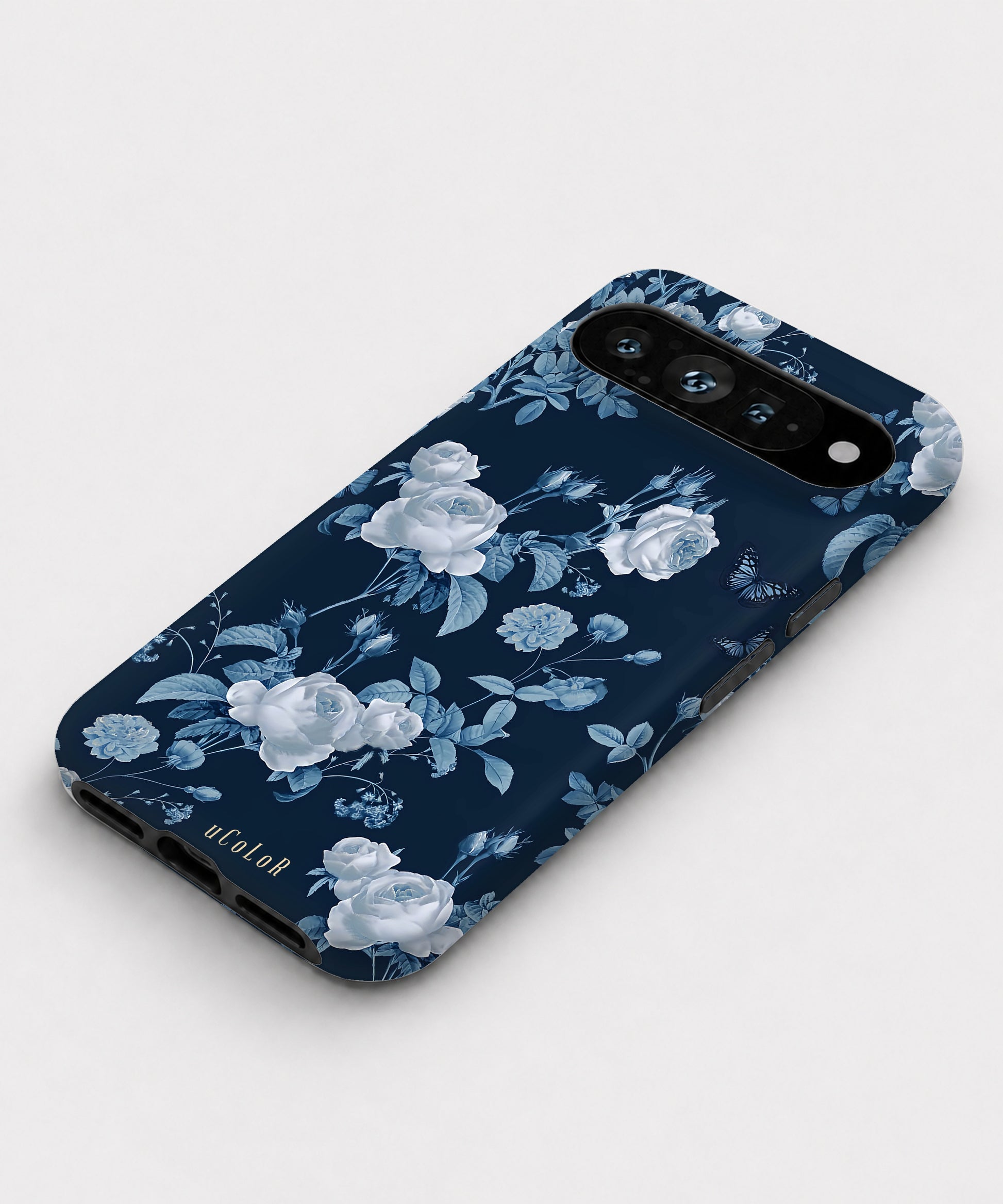 Navy Blue Rose Floral Google Pixel case front view