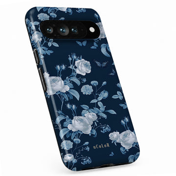 Navy Blue Rose Floral Google Pixel case with botanical flowers and leaves