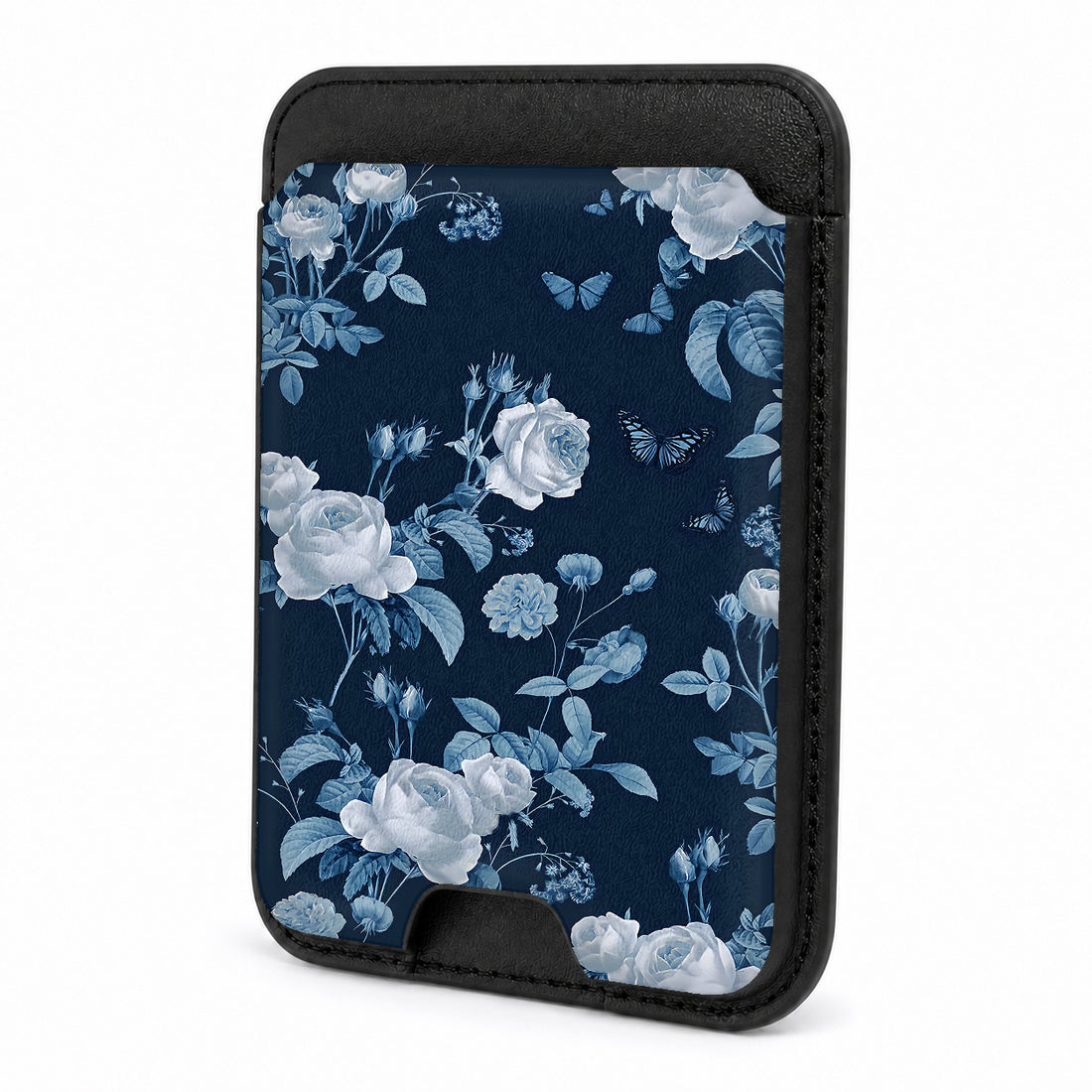 Front view of the Navy Blue Rose Floral MagSafe card holder on a white background