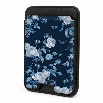 Front view of the Navy Blue Rose Floral MagSafe card holder on a white background