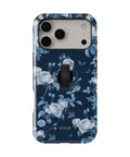 Navy Blue Rose Floral MagSafe Loop iPhone Case with built-in finger loop closed