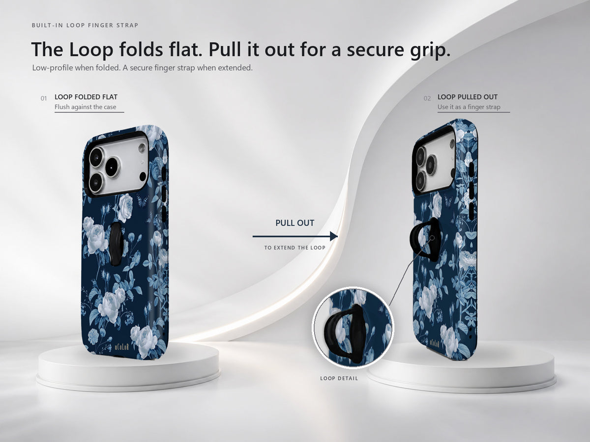 Navy Blue Rose Floral MagSafe Loop iPhone Case side view showing the built-in finger loop