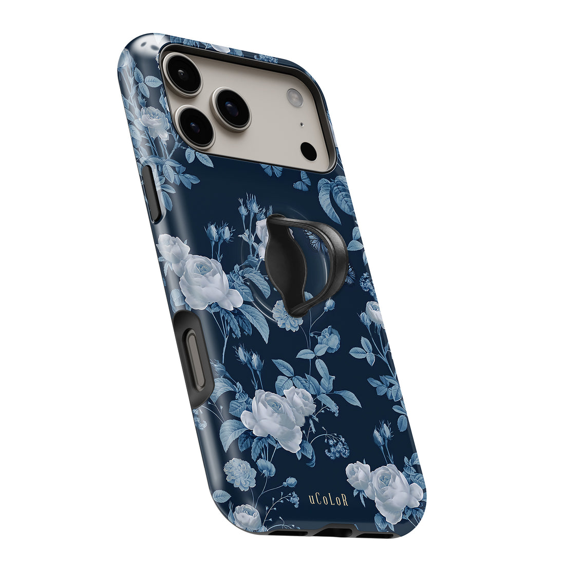 Navy Blue Rose Floral MagSafe Loop iPhone case with built-in finger loop open