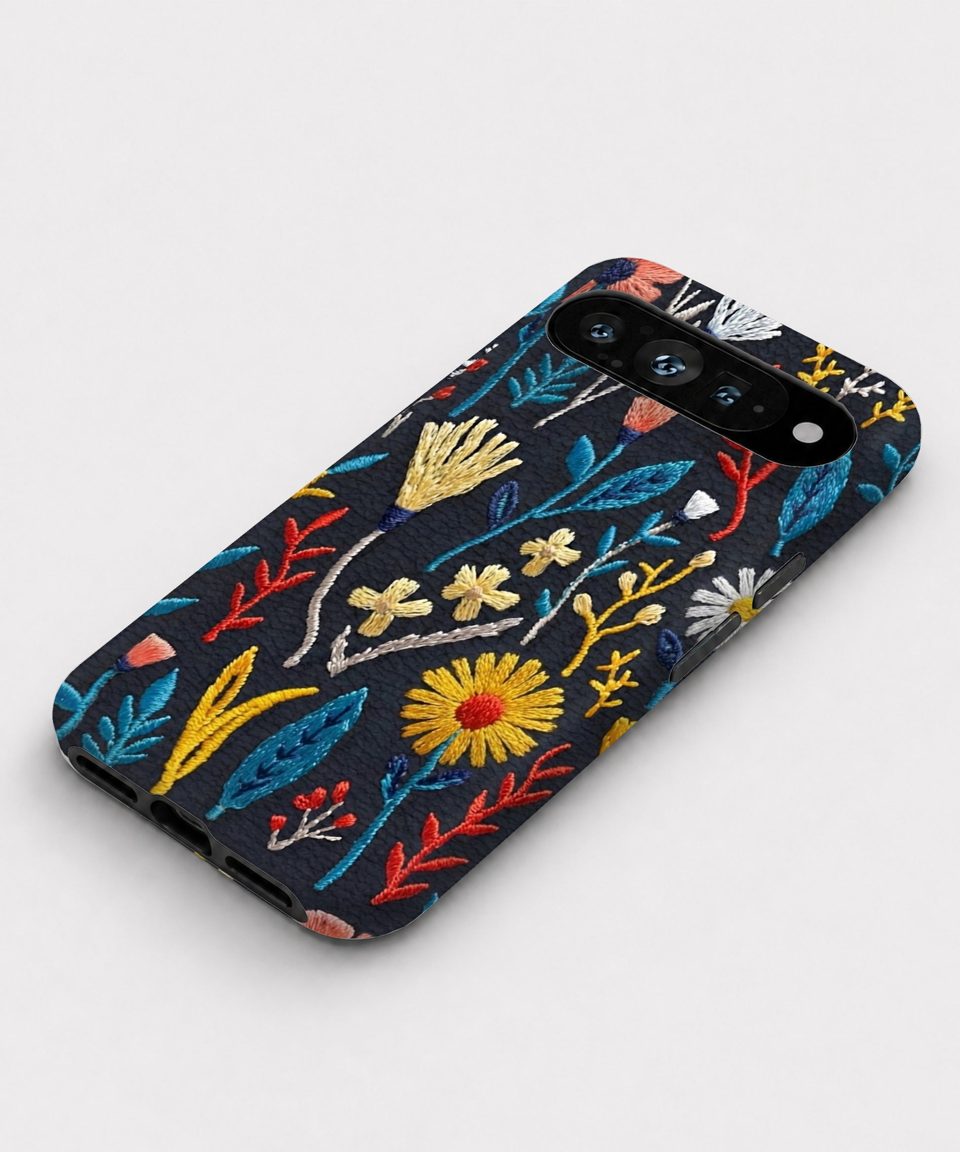 Navy Embroidered Wildflower Google Pixel case front view