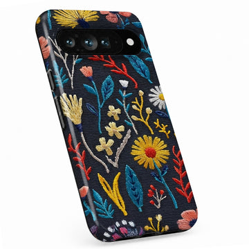 Navy Embroidered Wildflower Google Pixel case with botanical flowers and leaves