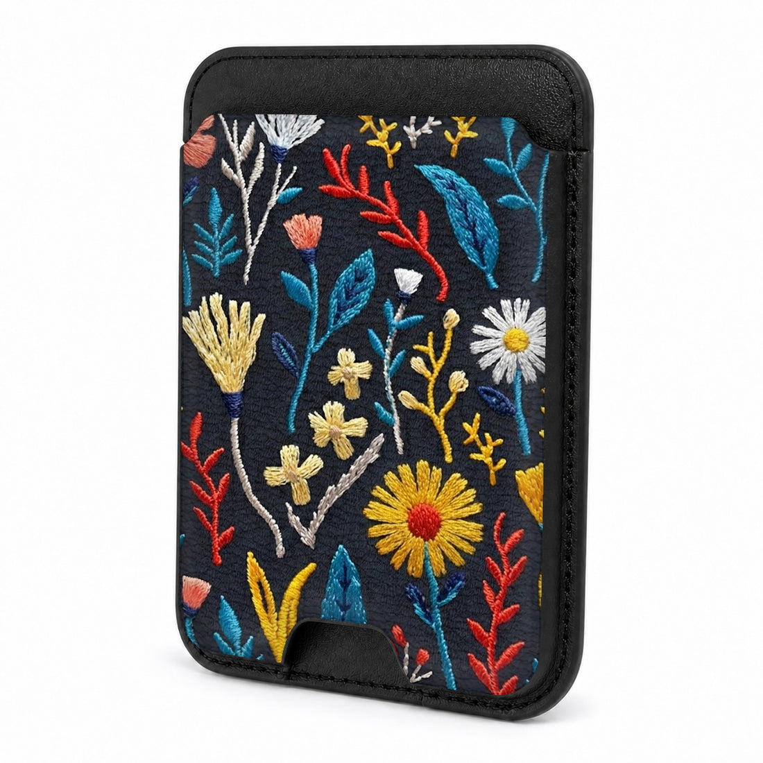 Front view of the Navy Embroidered Wildflower MagSafe card holder on a white background