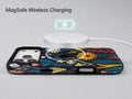Navy Embroidered Wildflower MagSafe Loop iPhone Case shown with a MagSafe-compatible wireless charger attached